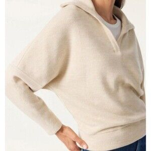 OGL Cozy Wool Blend Collared V Neck Batwing Sleeve Sweater Heather Beige LARGE